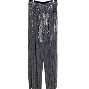 NWT Eliza J Silver Sequin Metallic High Waisted Wide Leg Front Tie Pants Size 10